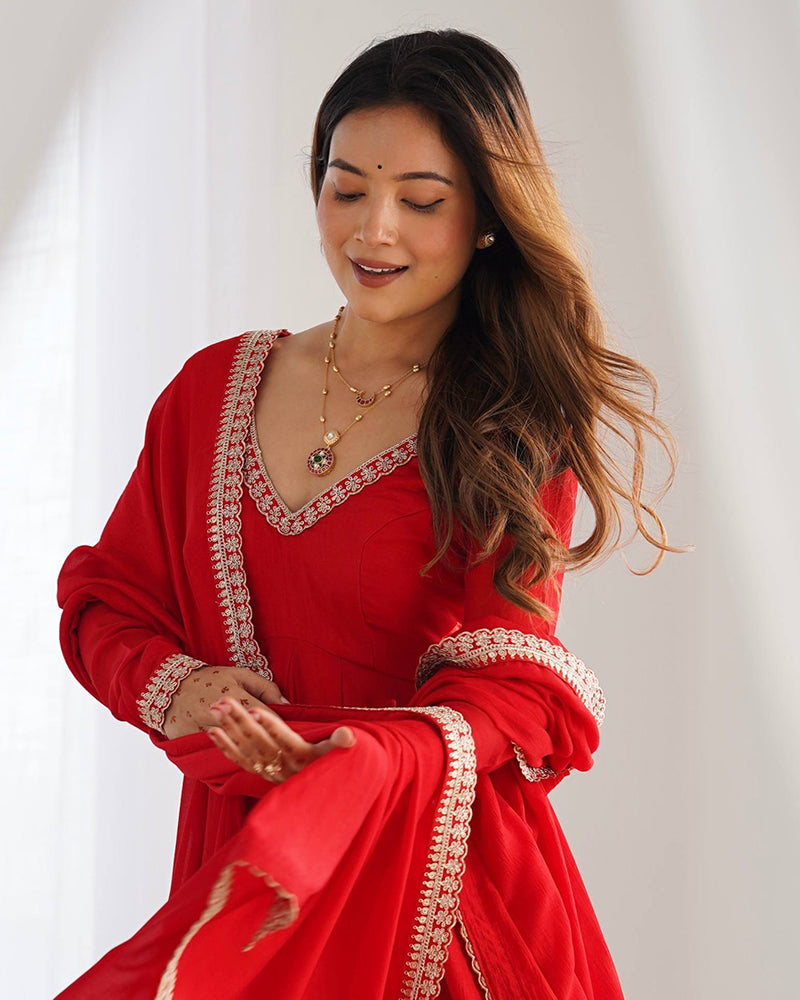 Red Color Blooming Vichitra Silk Anarkali Suit