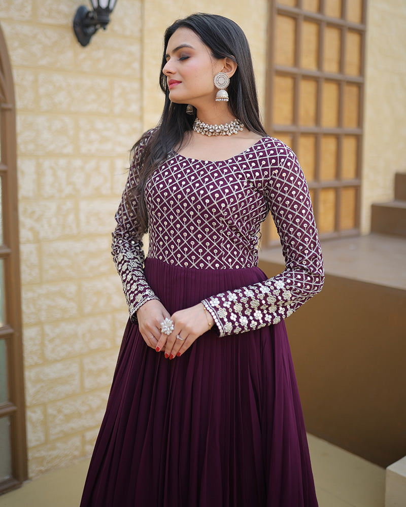 Wine Color Designer Zari Embroidery work Gown