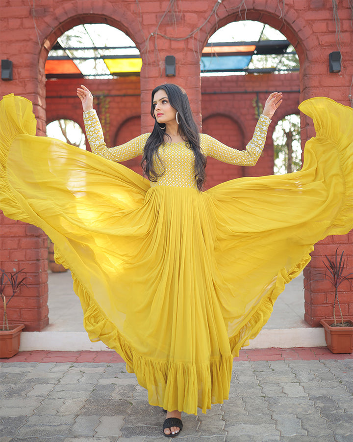 Yellow Color Designer Zari Embroidery work Gown
