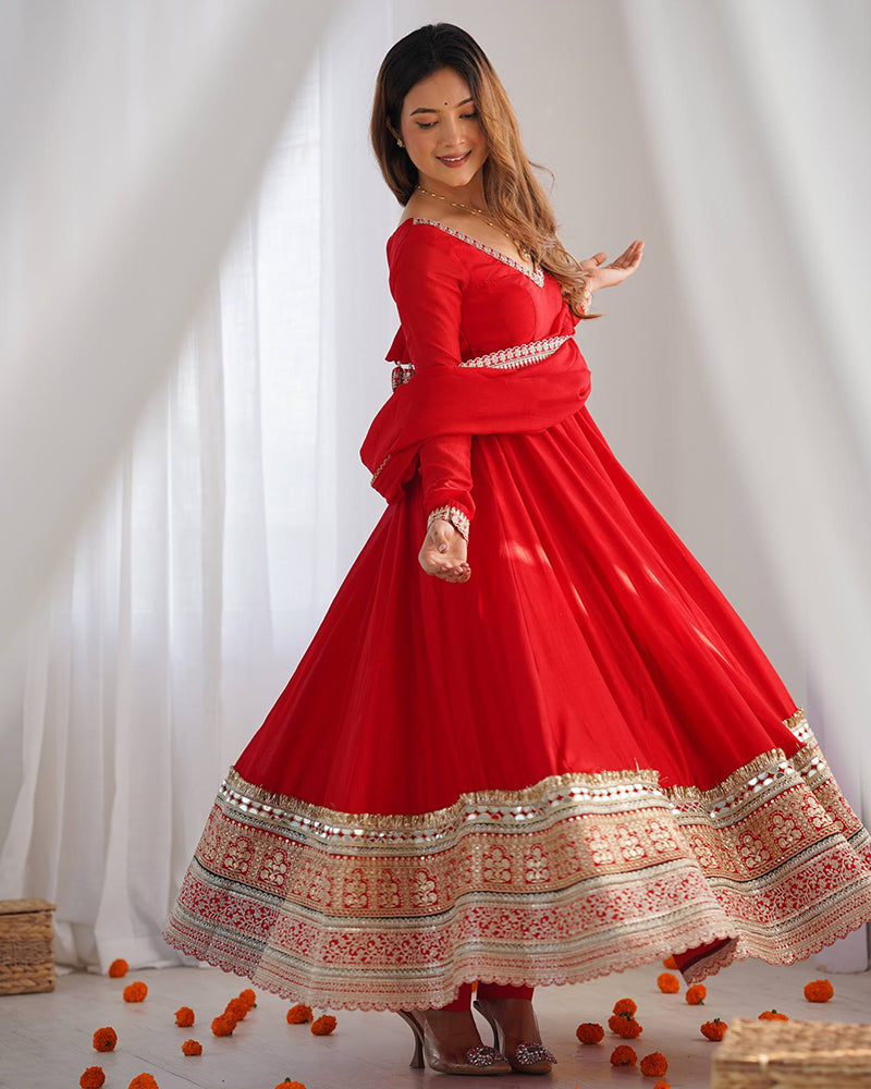 Red Color Blooming Vichitra Silk Anarkali Suit