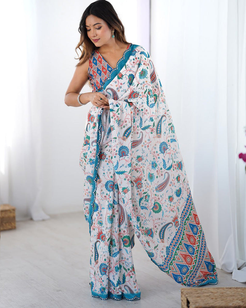 White Color Chinnon Silk Mirror Work Saree