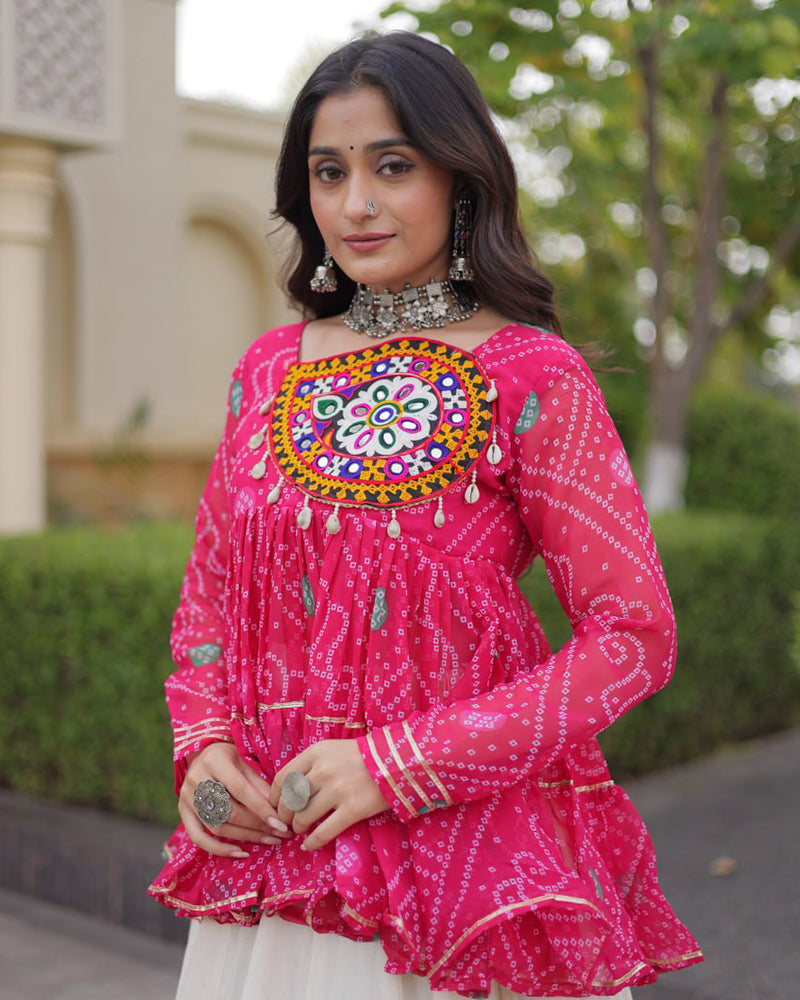 Rani Pink Color Bandhani Printed With Kora Cotton Lehenga