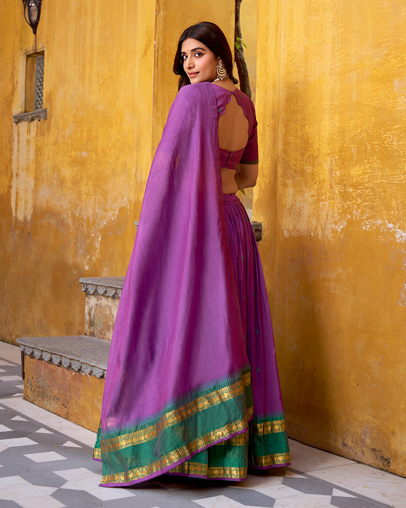 Elegant Purple Chanderi cotton half saree lehenga choli