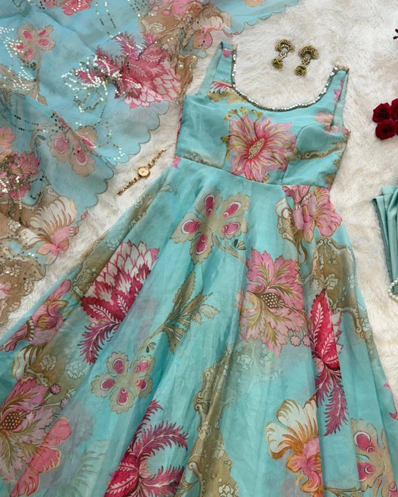 Sky Blue Color Digital Printed Soft Organza Anarkali Suit