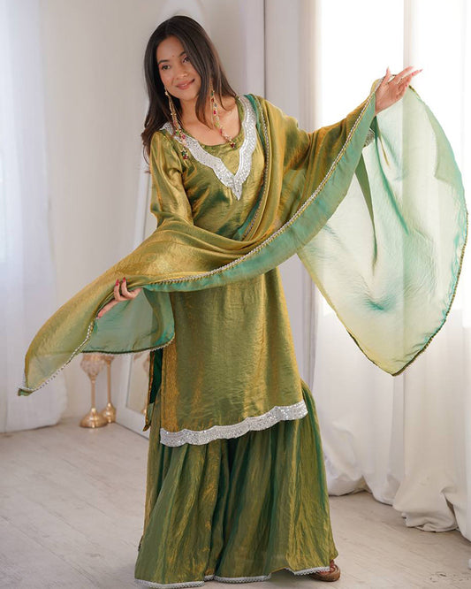 Mehndi Color Fendi Silk Three Piece Plazzo Suit