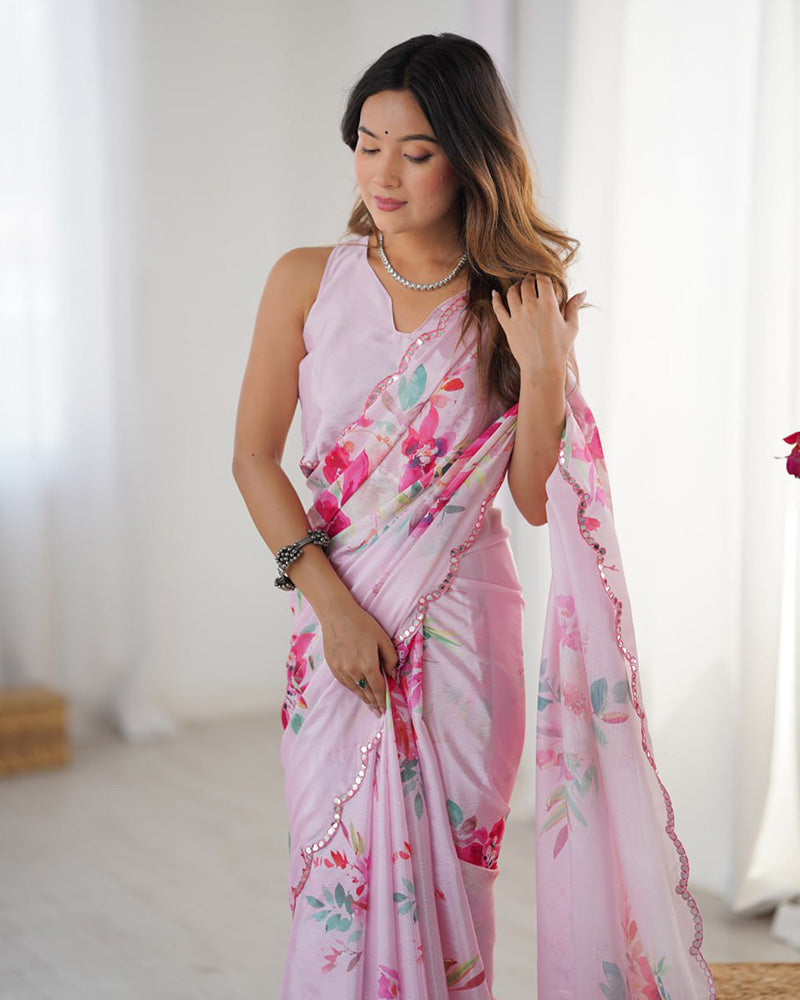 Baby Pink Color Chinnon Silk Digital Printed Saree