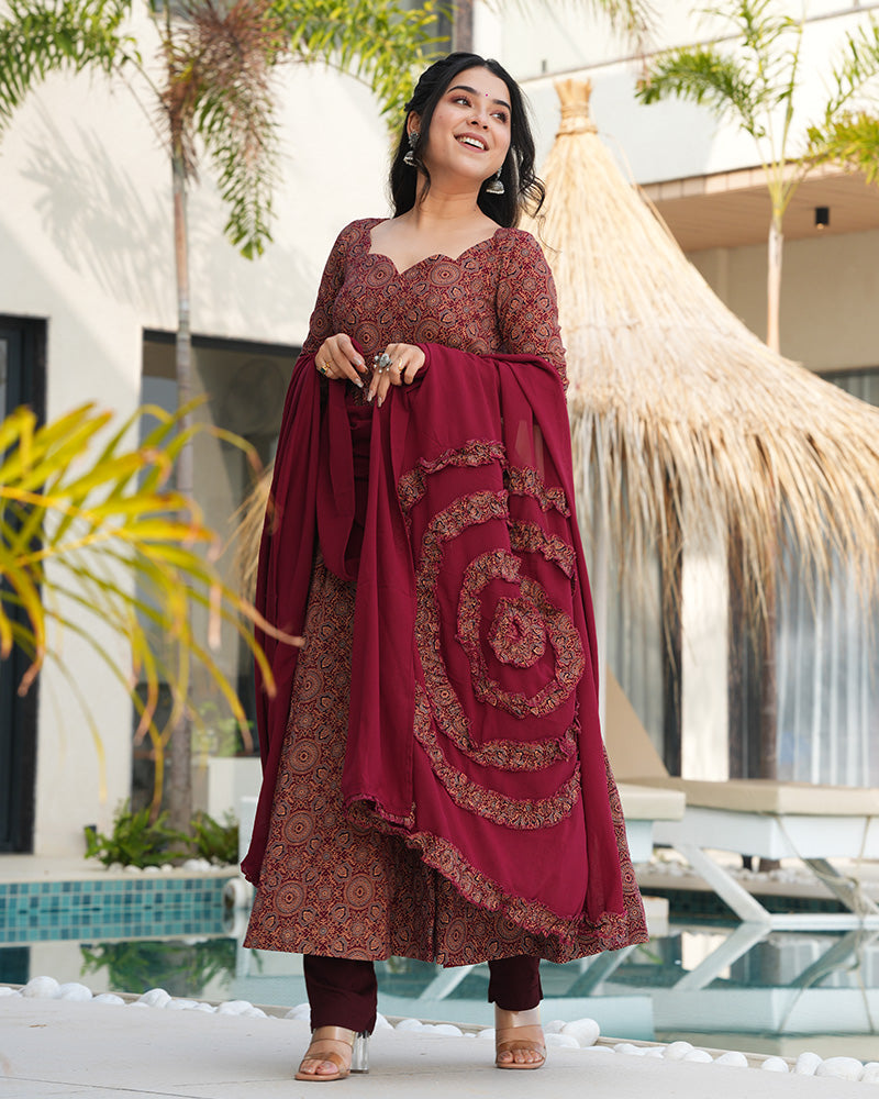 Traditional Ajrakh Print Maroon Cotton Anarkali Suit