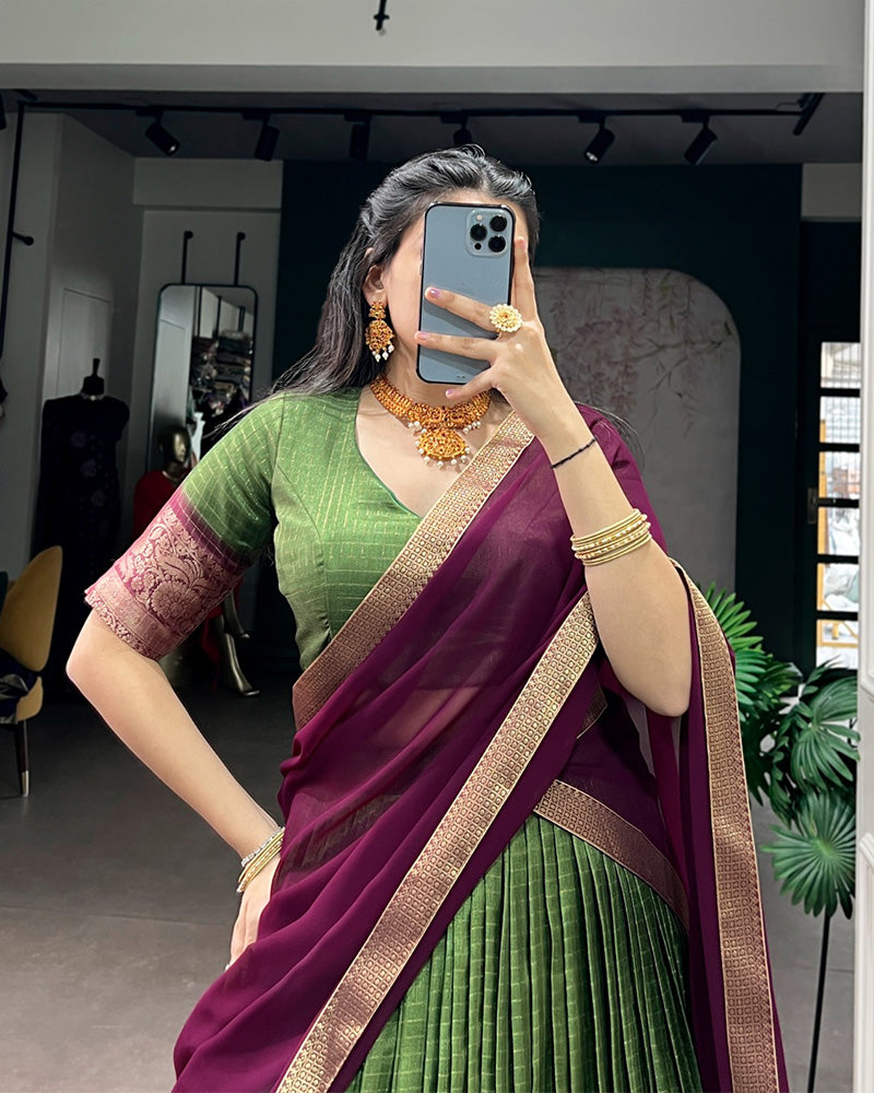 Mehndi Color Dola Chex Zari Weaving Half Saree