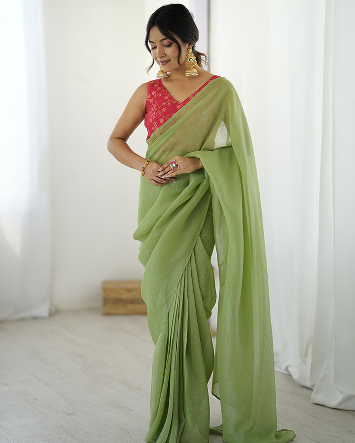 Pista Green Color Sparkle Silk Pre Draped Saree
