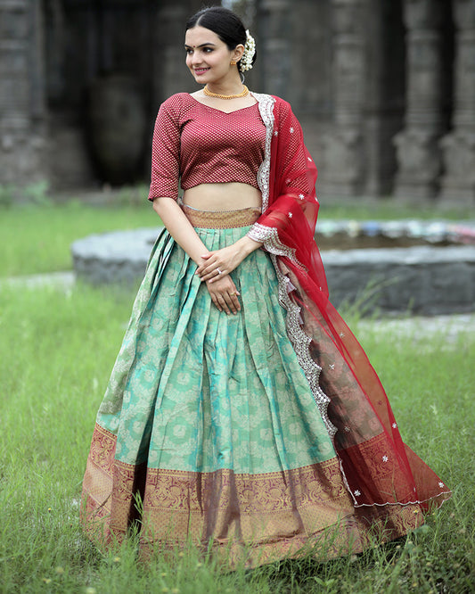 Red Color Kanjivaram Pattu Silk Designer Half Saree