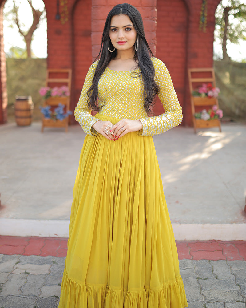 Yellow Color Designer Zari Embroidery work Gown