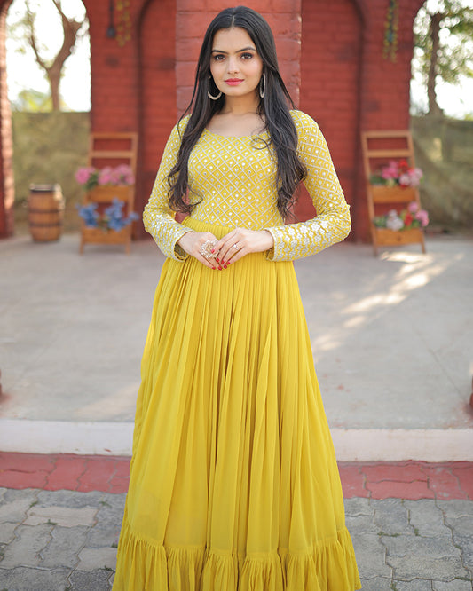 Yellow Color Designer Zari Embroidery work Gown