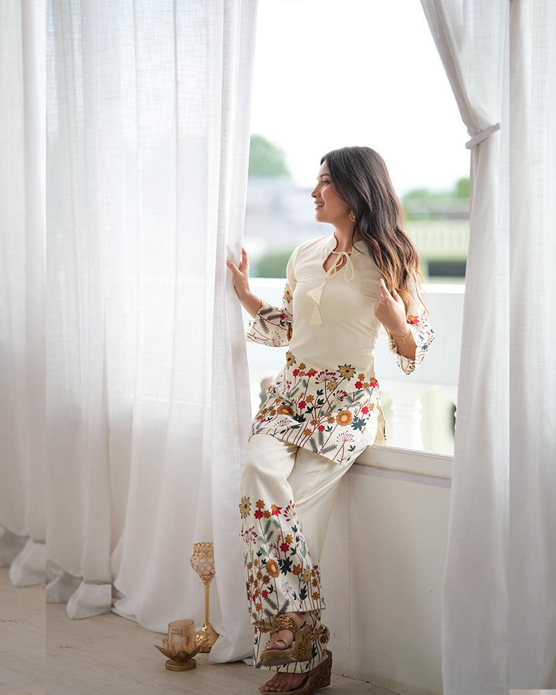 Off White Color Slub Cotton FLoral Printed Kurta Set