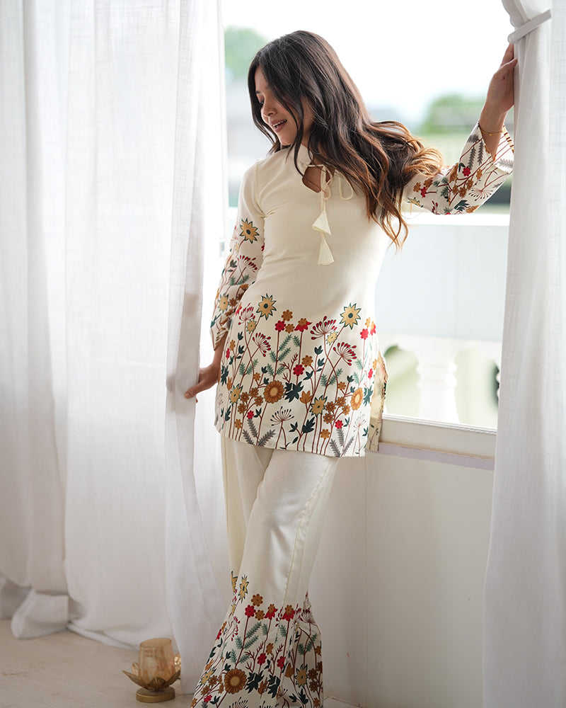 Off White Color Slub Cotton FLoral Printed Kurta Set