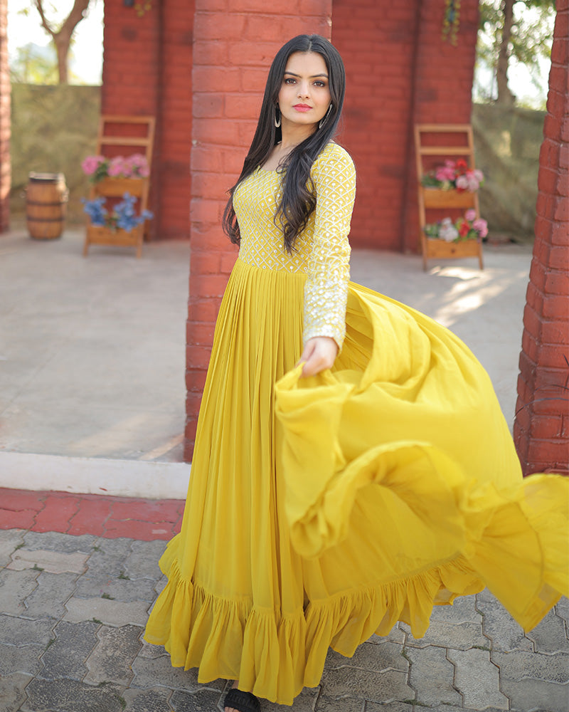 Yellow Color Designer Zari Embroidery work Gown