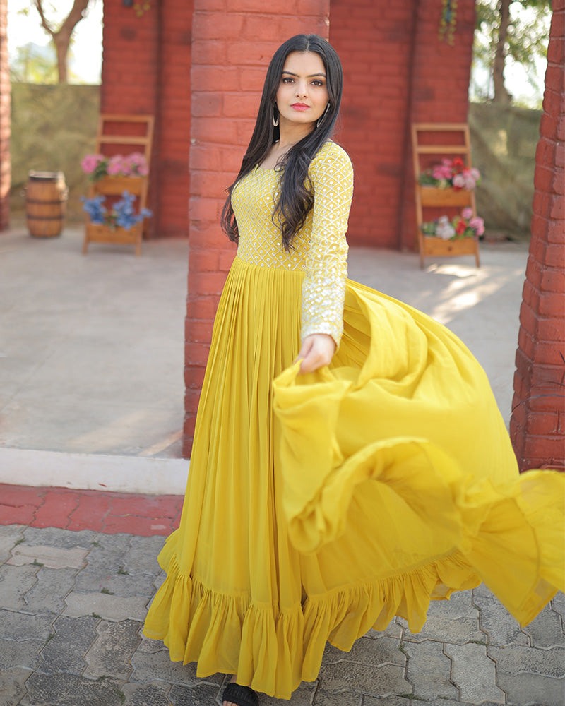 Yellow Color Designer Zari Embroidery work Gown