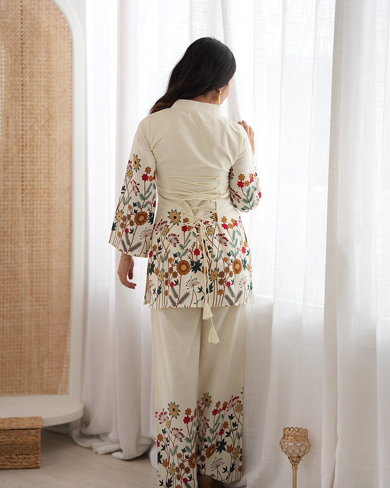 Off White Color Slub Cotton FLoral Printed Kurta Set