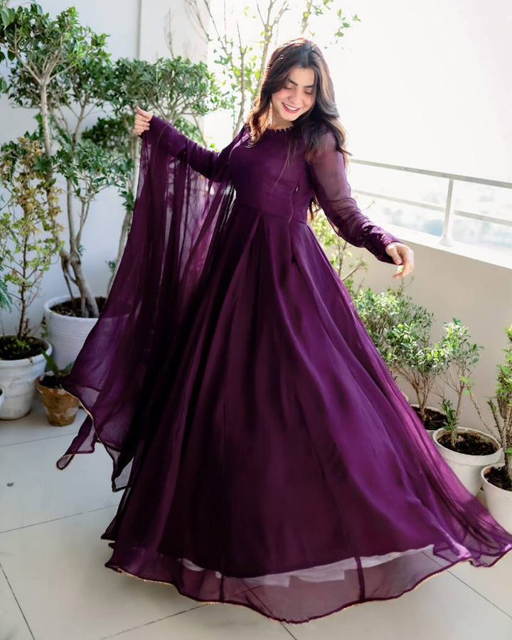 Beautiful Wine Color Anarkali Gown With Dupatta