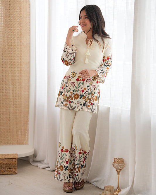 Off White Color Slub Cotton FLoral Printed Kurta Set