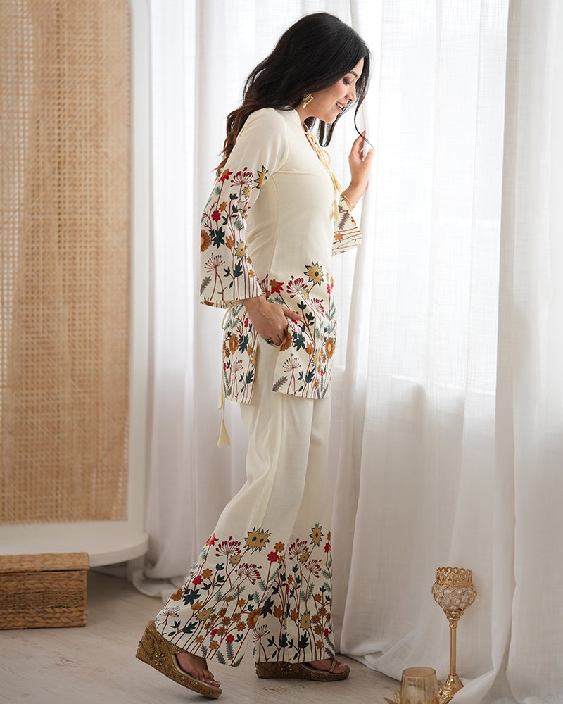 Off White Color Slub Cotton FLoral Printed Kurta Set