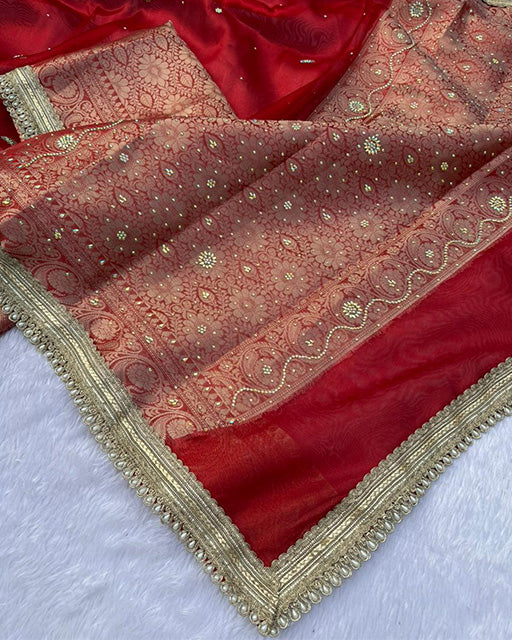 Red Color Soft Banarasi Tissue Silk Stone Work Saree