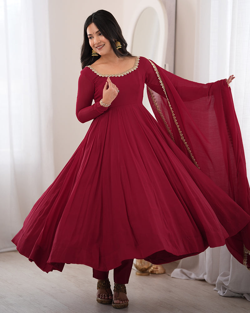 Maroon Color Pure Mal CHanderi Three Piece Anarkali Suit