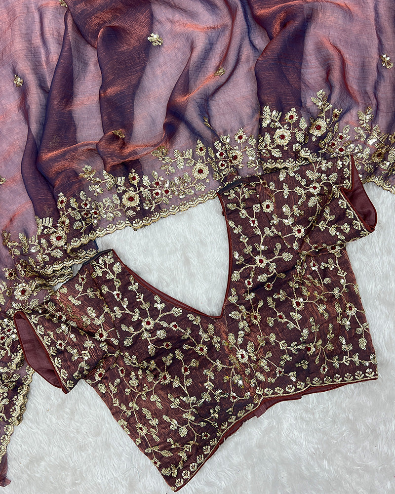 Dusty Mauve Color Fendi Chiffon Sequence Embroidered Saree