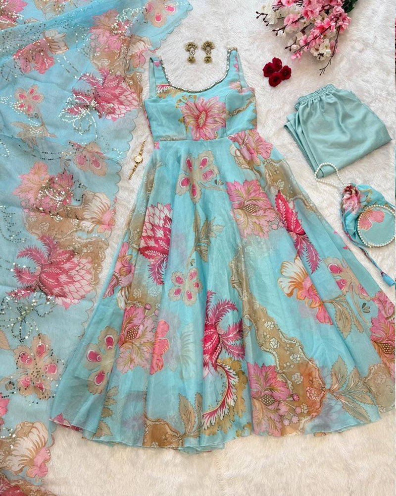 Sky Blue Color Digital Printed Soft Organza Anarkali Suit