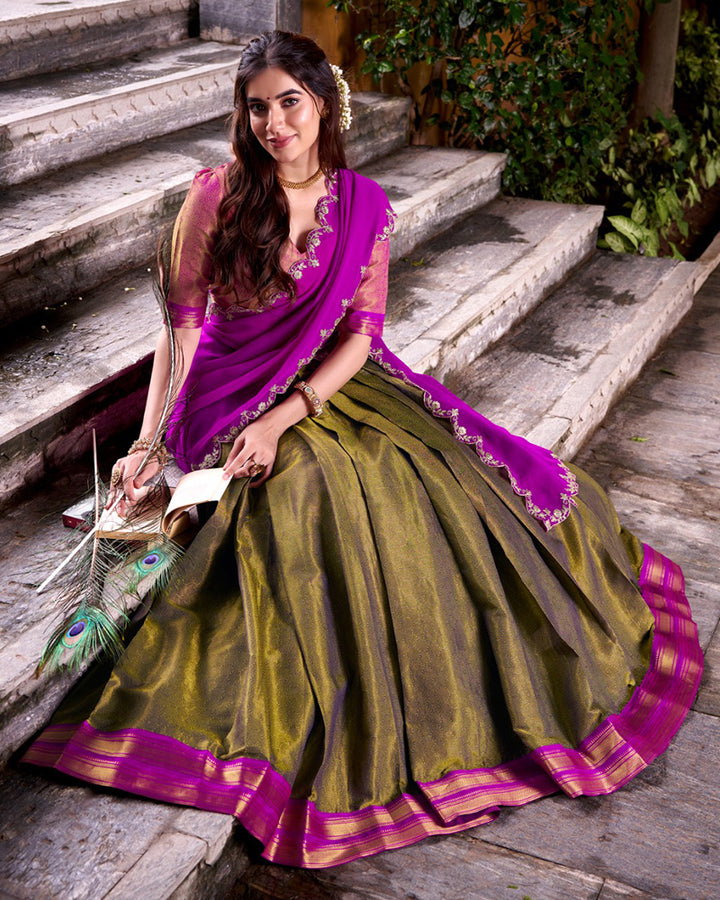Designer Mehndi Color Kanchipuram Zari Weaving Half Saree