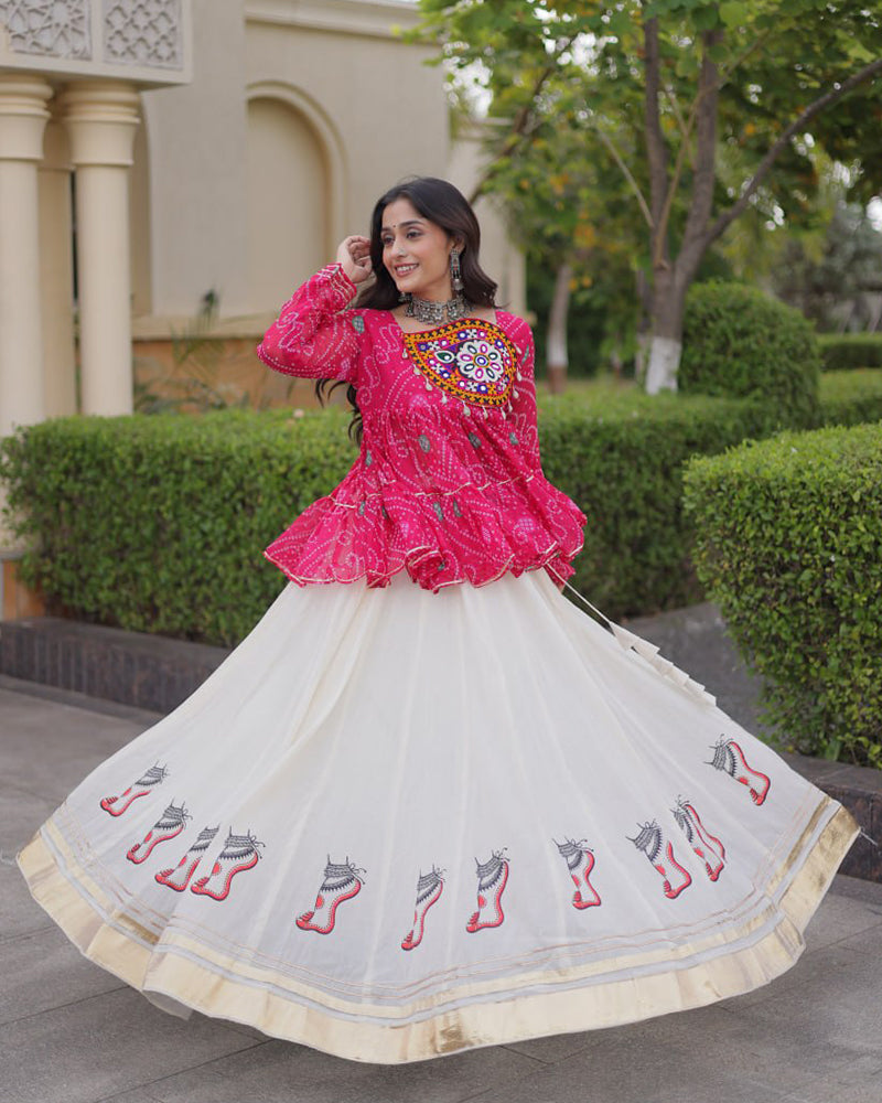 Rani Pink Color Bandhani Printed With Kora Cotton Lehenga