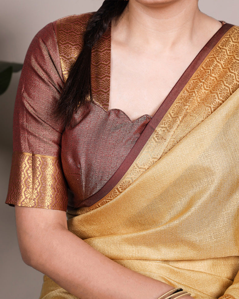 Cream Color Zari Weaving Poly Cotton Saree
