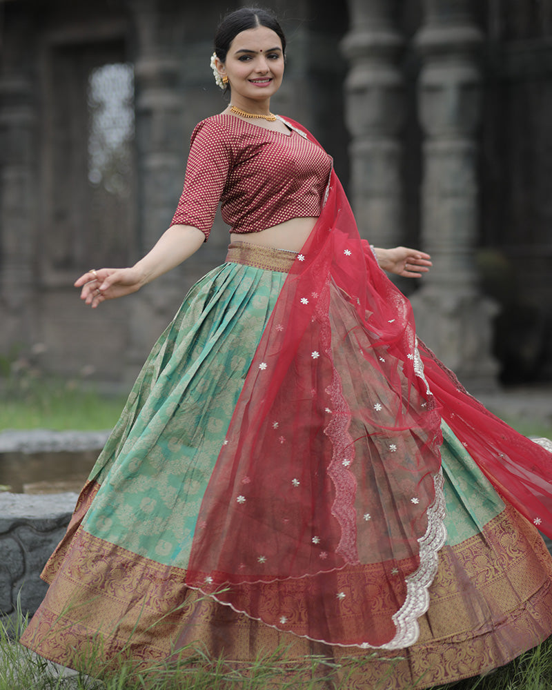 Red Color Kanjivaram Pattu Silk Designer Half Saree