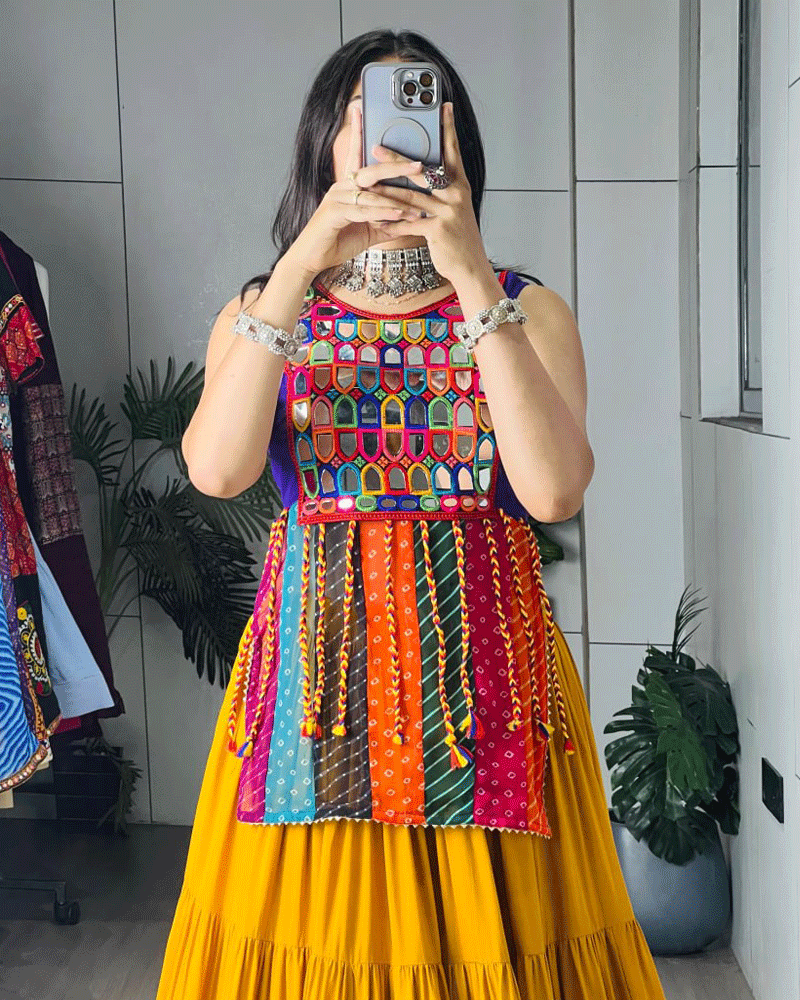 Mustard And Purple Color Rayon Cotton Navratri Lehenga Set
