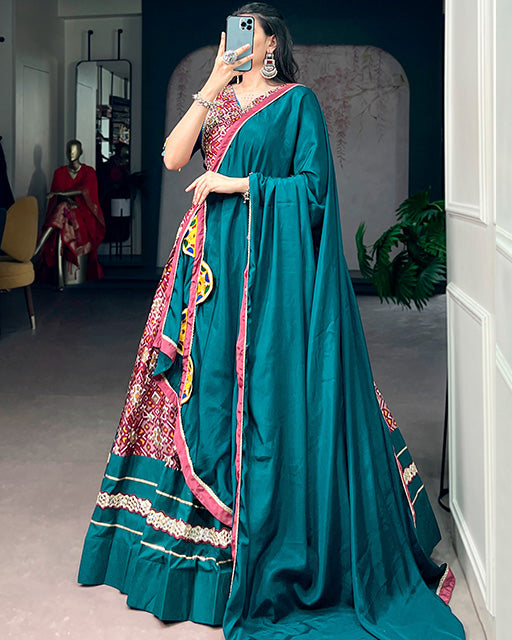 Teal Blue Colour Tussar Silk Navratri Lehenga Choli