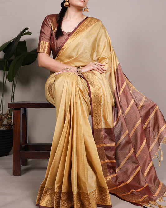 Cream Color Zari Weaving Poly Cotton Saree