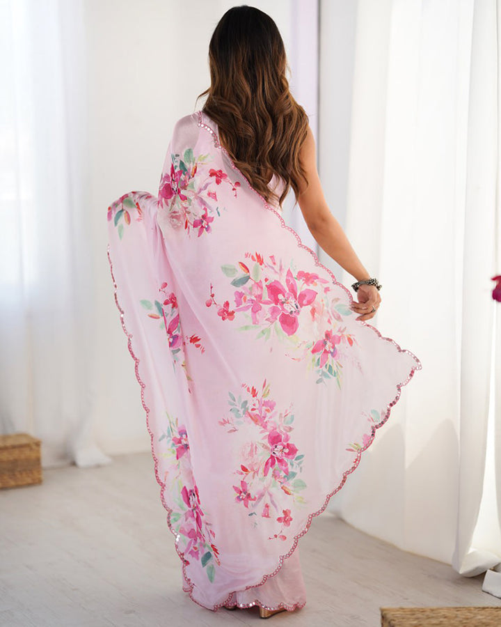 Baby Pink Color Chinnon Silk Digital Printed Saree