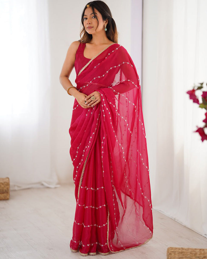 Rani Pink Color Smooth Sitara Embroidered Saree