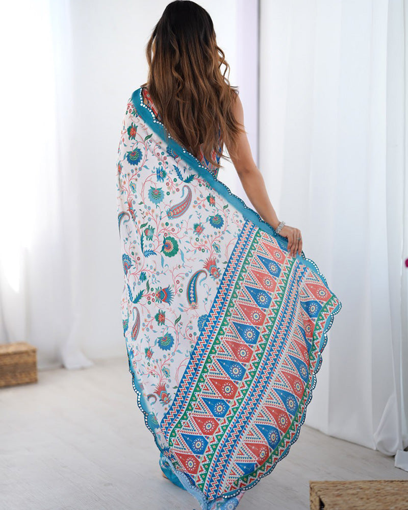 White Color Chinnon Silk Mirror Work Saree