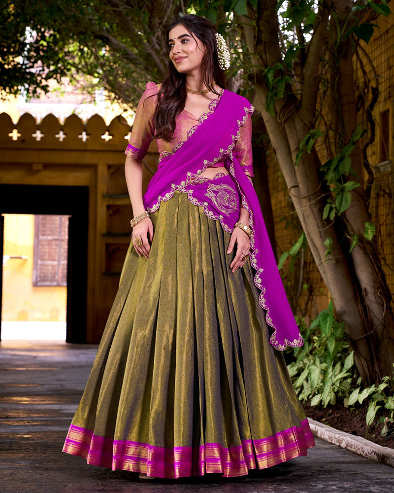 Designer Mehndi Color Kanchipuram Zari Weaving Half Saree