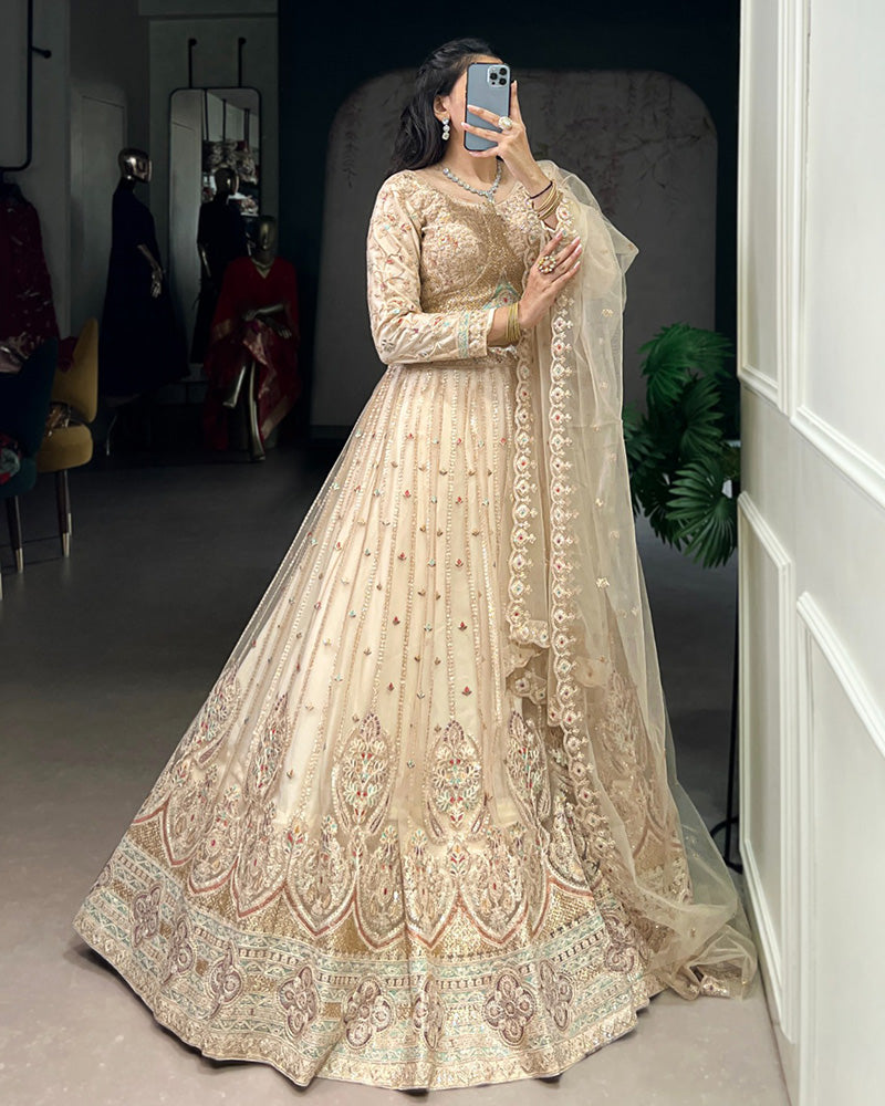 Cream Color Soft Net Embroidered Lehenga Choli