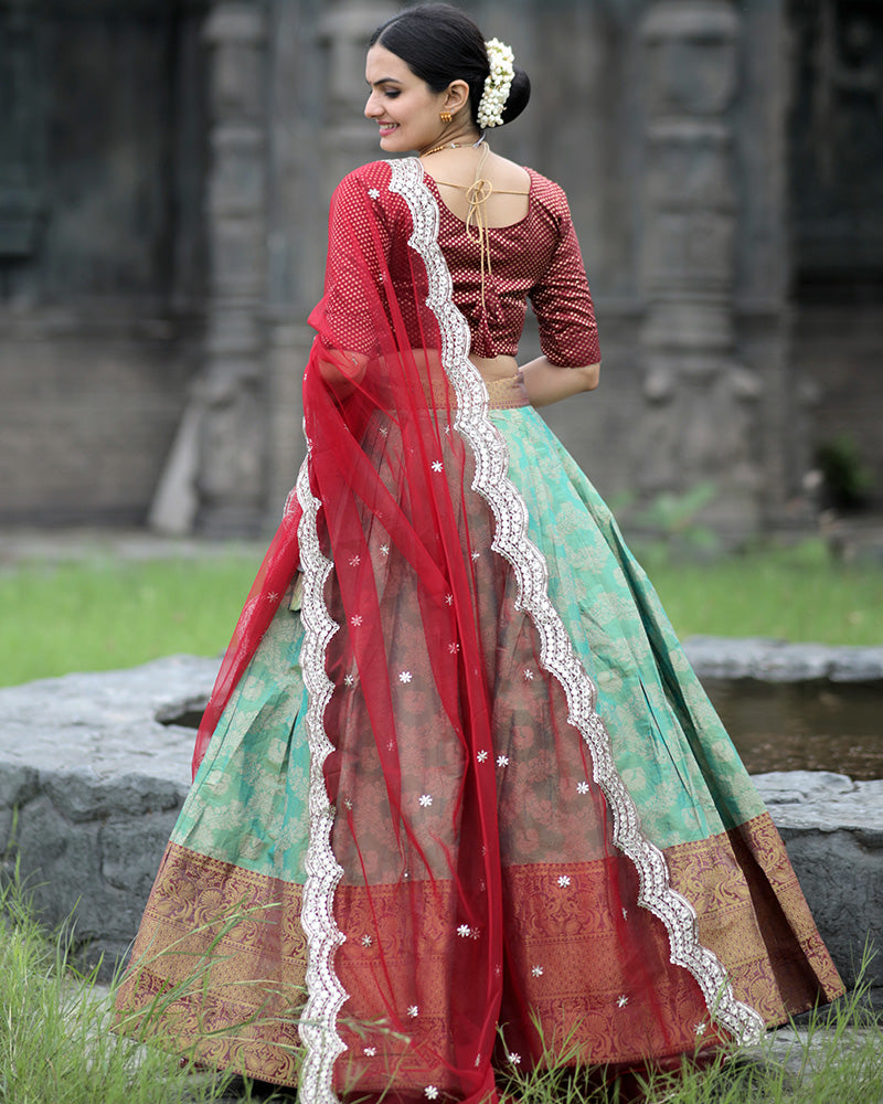 Red Color Kanjivaram Pattu Silk Designer Half Saree