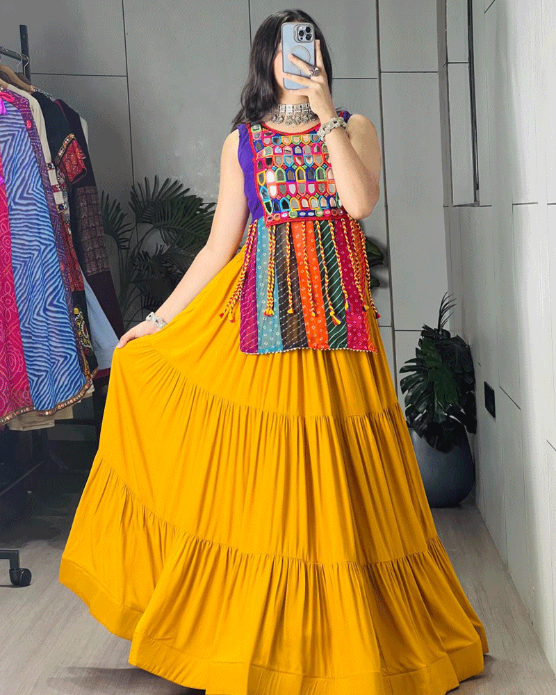 Mustard And Purple Color Rayon Cotton Navratri Lehenga Set
