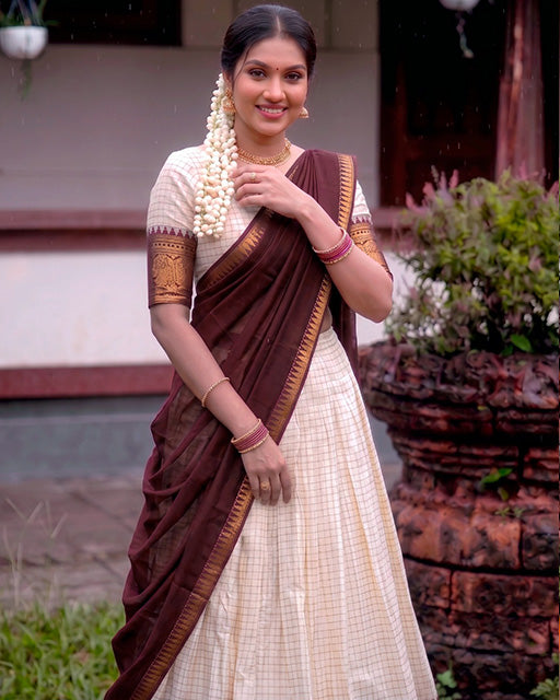 White And Maroon Color Poly Cotton Chex Onam Half Saree