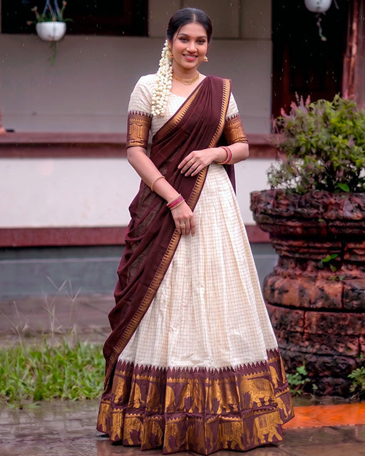 White And Maroon Color Poly Cotton Chex Onam Half Saree