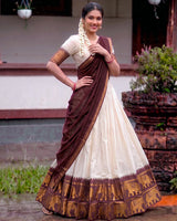 White And Maroon Color Poly Cotton Chex Onam Half Saree
