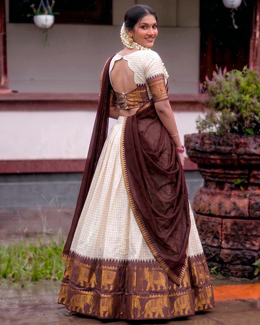 White And Maroon Color Poly Cotton Chex Onam Half Saree