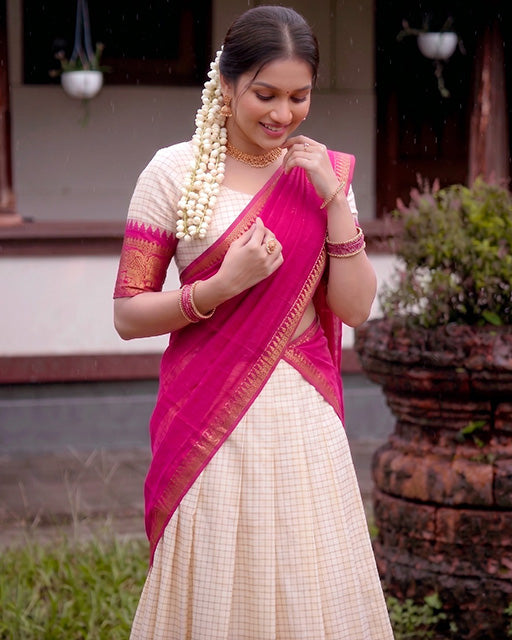 White And Pink Color Poly Cotton Chex Onam Half Saree