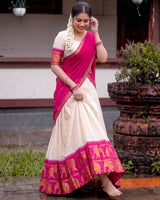 White And Pink Color Poly Cotton Chex Onam Half Saree