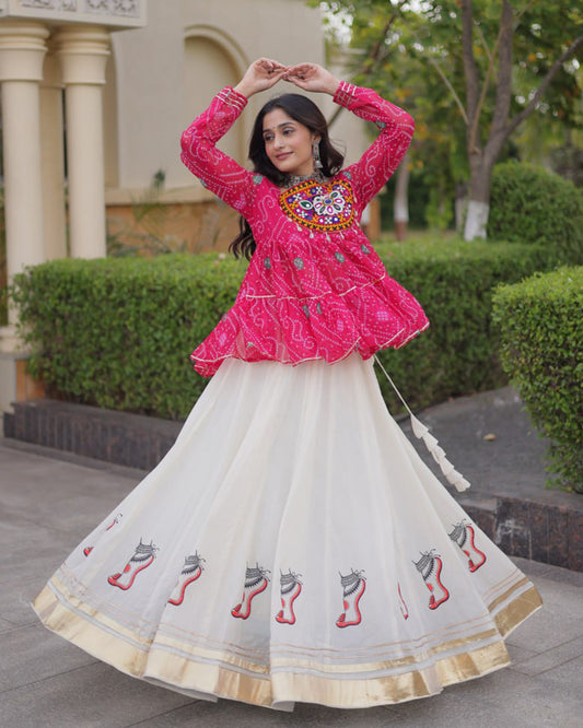 Rani Pink Color Bandhani Printed With Kora Cotton Lehenga