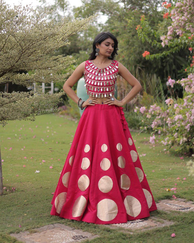 Traditional Pink Roman Silk Navratri Wear Lehenga Choli